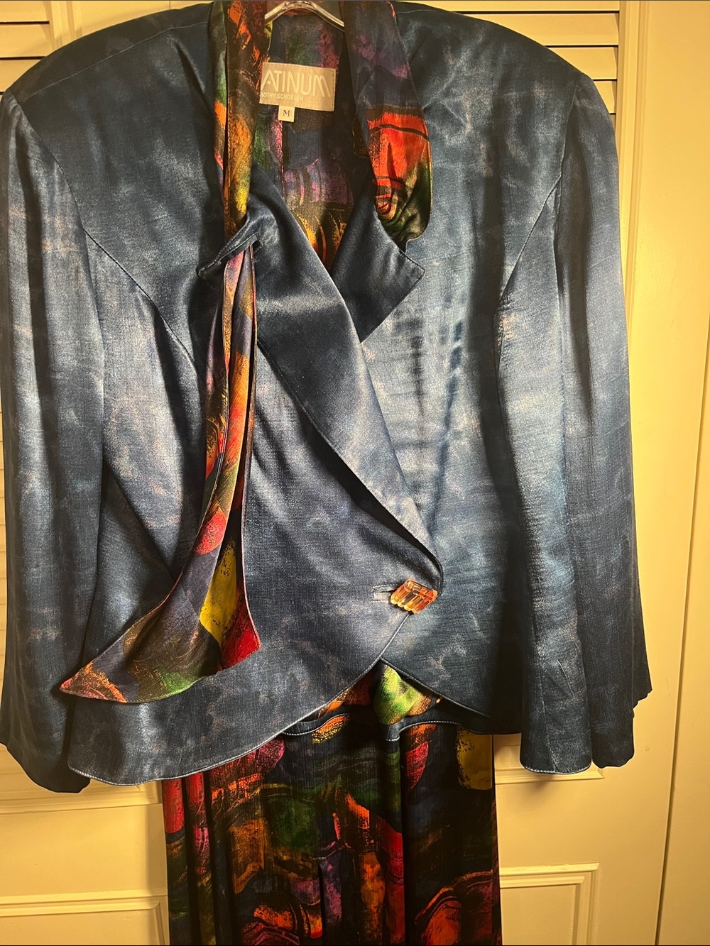 Platinum Blue Satin Jacket Maxi Dress with Multicolor Trim
